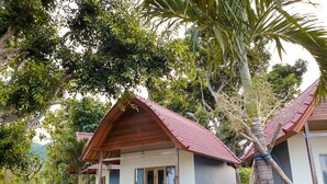 Una casa de dos pisos con techo de tejas rojas, porche de madera y un pequeño jardín con plantas y una palmera.