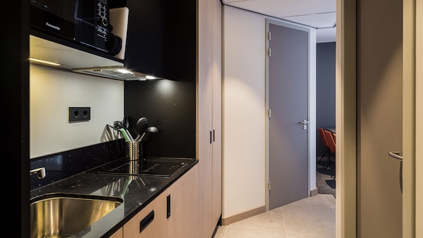 A modern kitchen with a black countertop, stainless steel sink, and wooden cabinets.
