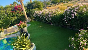 Un jardin aménagé avec une piscine, des palmiers et des plantes à fleurs.