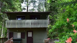 A two-story cabin with a balcony, surrounded by dense forest.