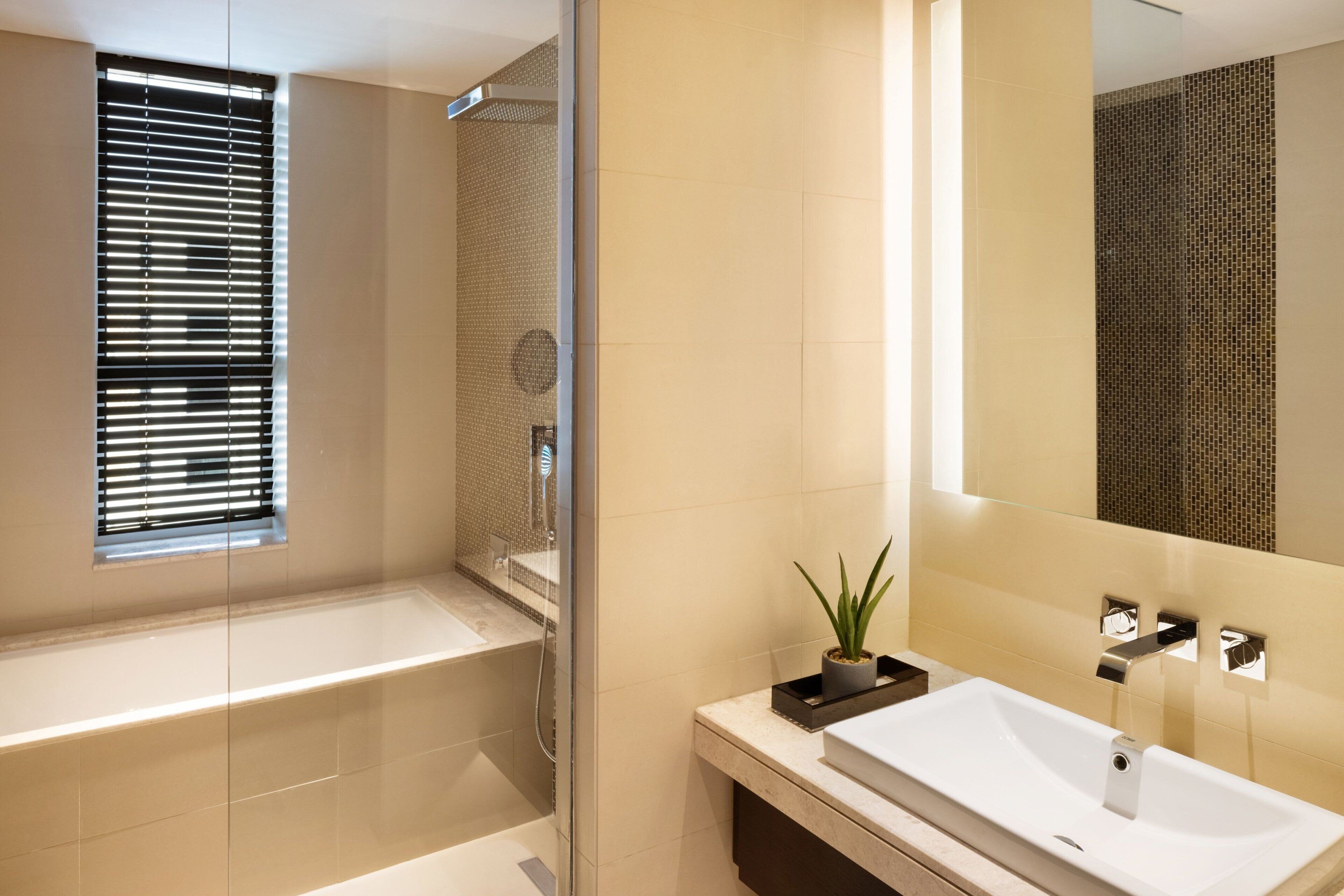 separate bathtub and shower, free toiletries, hair dryer, bathrobes