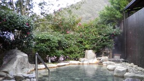 Un área de aguas termales con un banco de madera y un sendero de piedra que conduce al agua.
