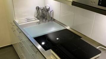 Großer Kühlschrank, Mikrowelle, Herdplatte, Geschirrspüler