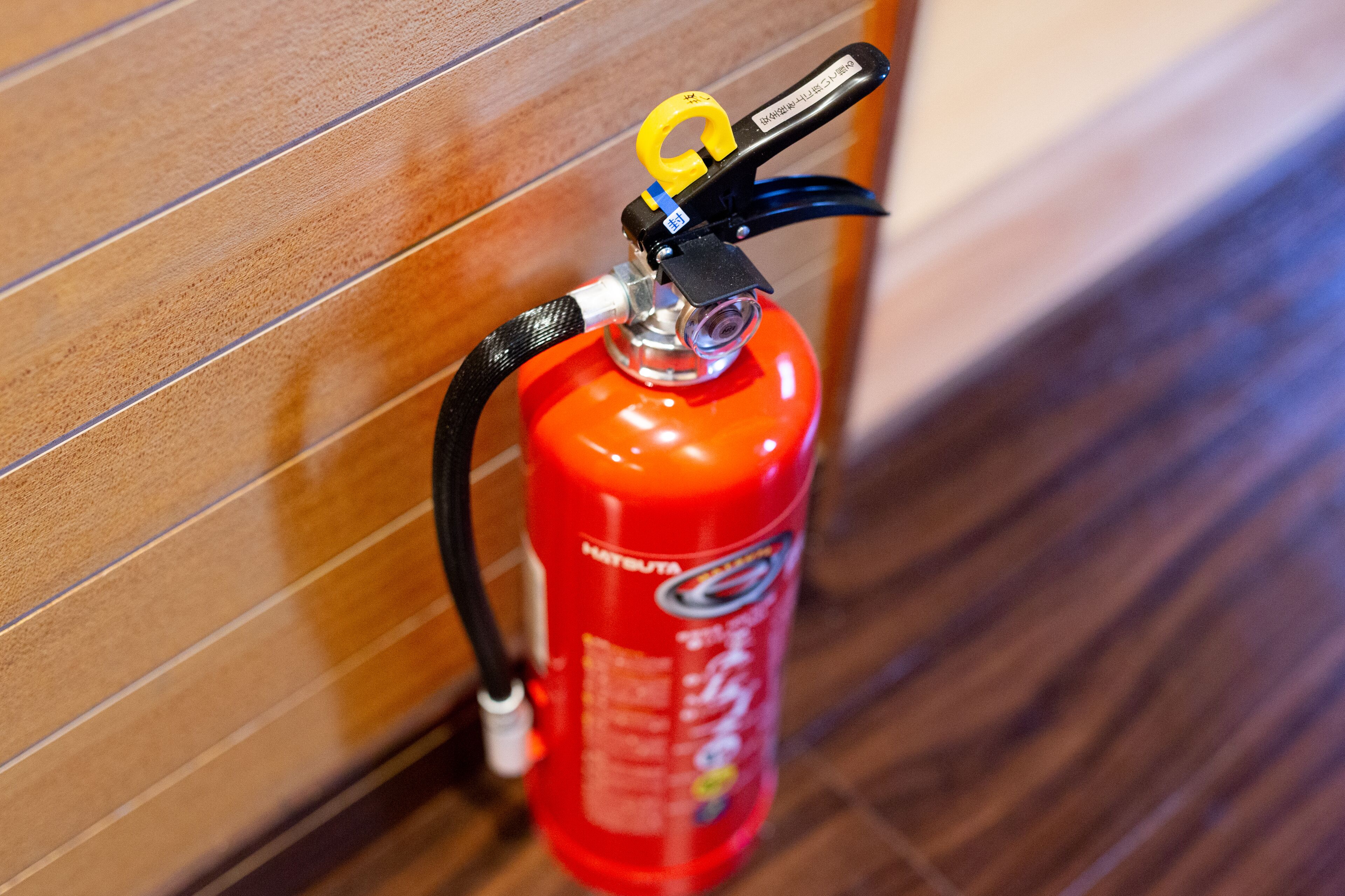 A red fire extinguisher mounted on a wooden wall.