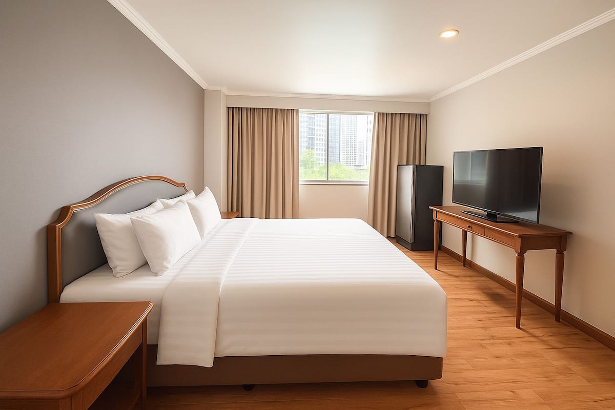 Habitación de hotel con una cama grande, un televisor sobre un mueble de madera y una ventana con cortinas.