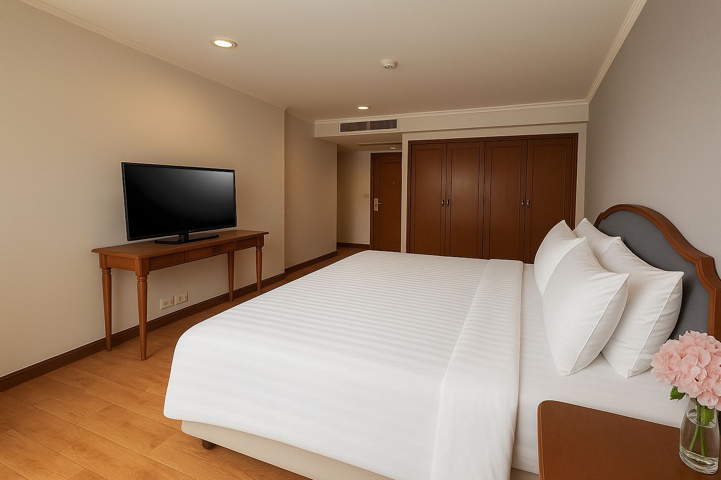 A hotel room with a large bed, a television on a wooden table, and a wardrobe.