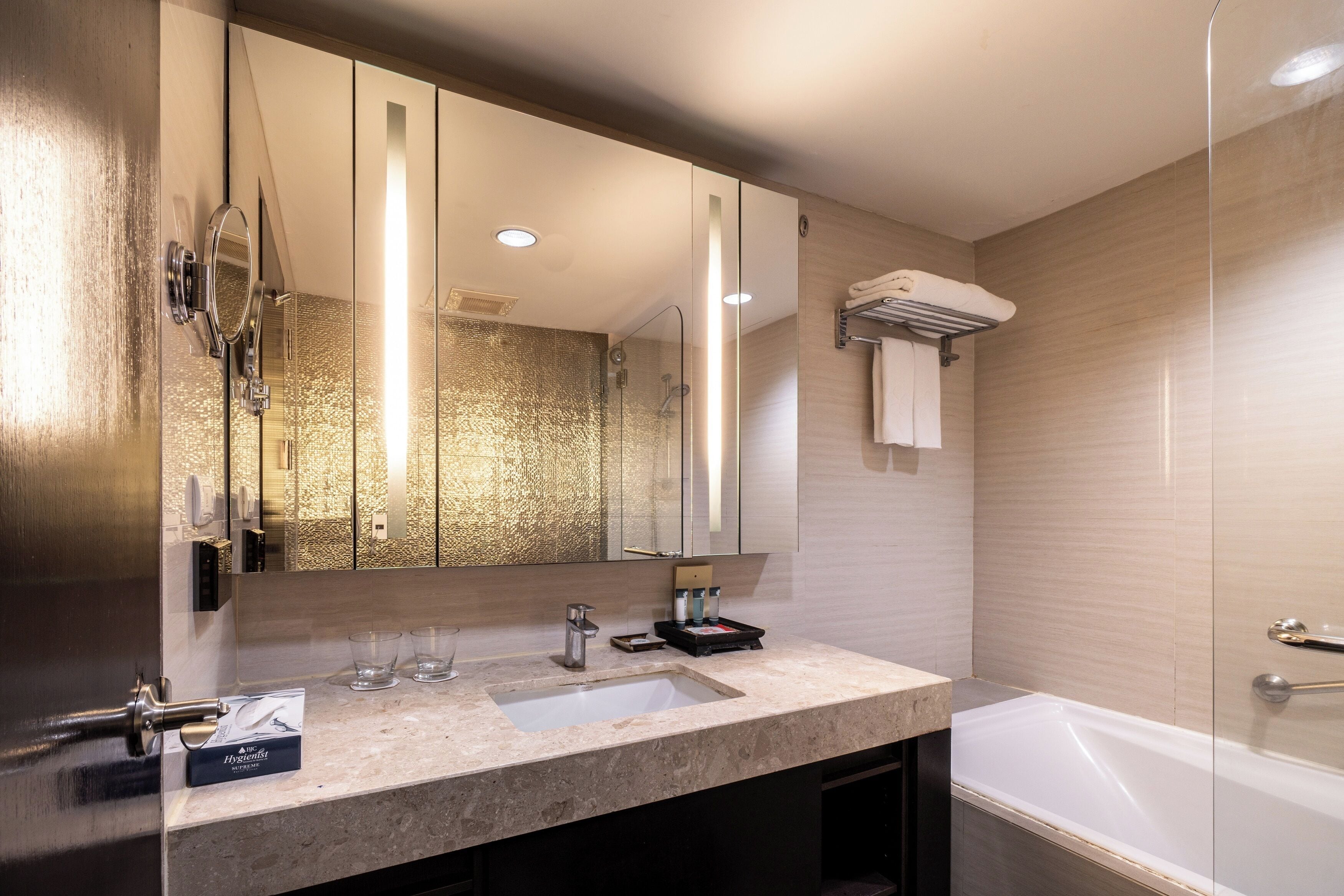 free toiletries, hair dryer, bathrobes, towels