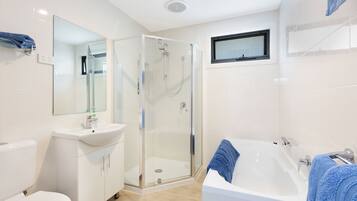 Combined shower/bathtub, hair dryer, towels, soap