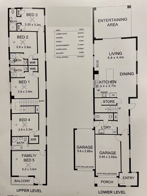 A floor plan of a hotel with 5 bedrooms, 2 bathrooms, a living area, dining area, kitchen, store, and garage. - AGATHAS  AT  MARION 
4 Bedrooms 3 with Ensuites  & 4th Bedroom Main Bathroom (Seacombe Gardens)
