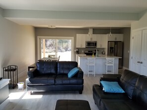 Smart TV, fireplace, video games, DVD player