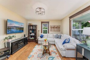 Smart TV, fireplace, DVD player, books