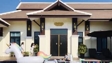 Outdoor pool, pool umbrellas, pool loungers
