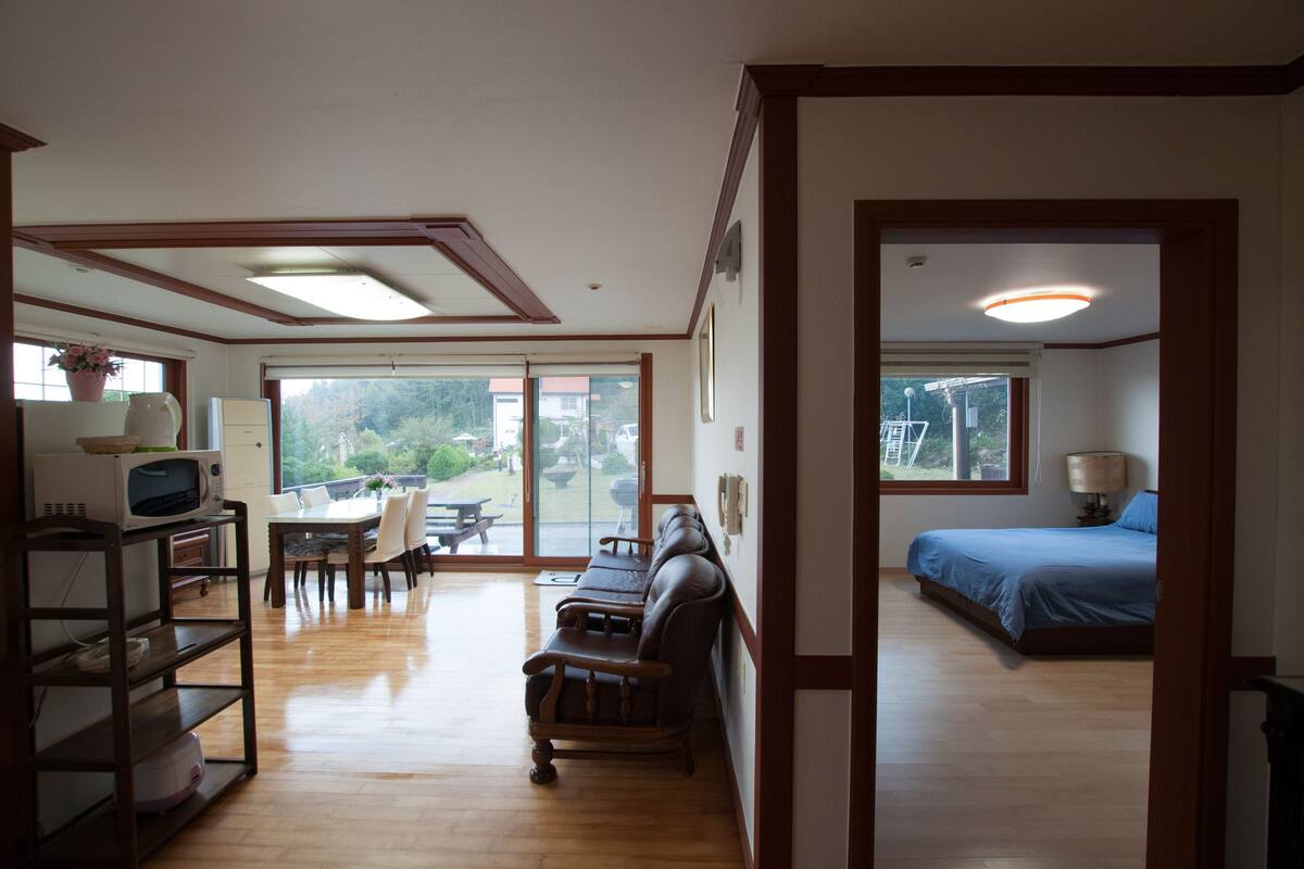 A room with a bed, a dining table with chairs, a sofa, a microwave, and a TV.
