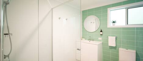 A bathroom with a glass shower enclosure, a white sink, a toilet, and a window with a plant.