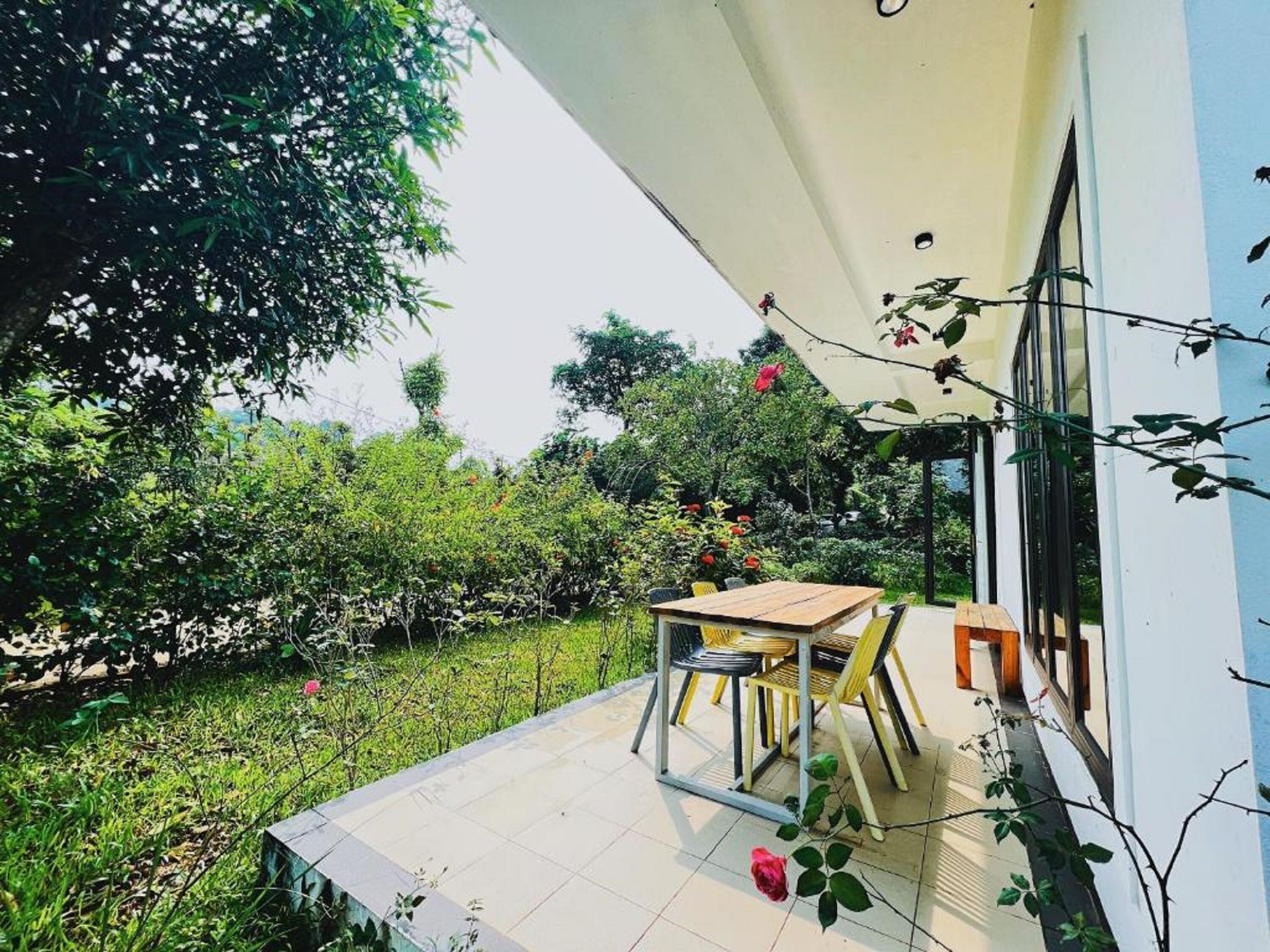 Um pátio com mesa e cadeiras, cercado por vegetação exuberante e um edifício branco.