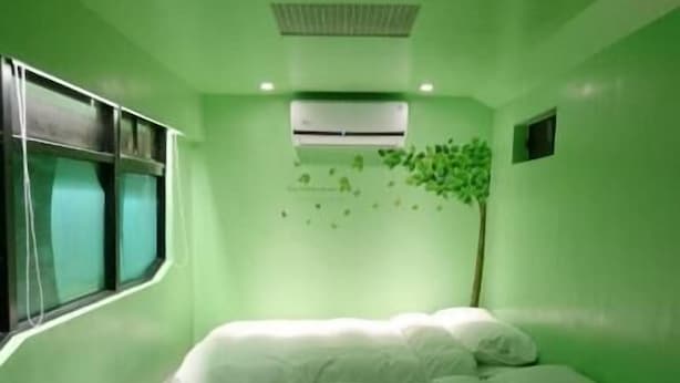 Ein Schlafzimmer mit Bett, Fenster, Klimaanlage und einer kleinen Pflanze an der Wand.
