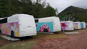 Eine Reihe von Bussen, geparkt auf einer befestigten Fläche, mit einer Bergkulisse im Hintergrund.