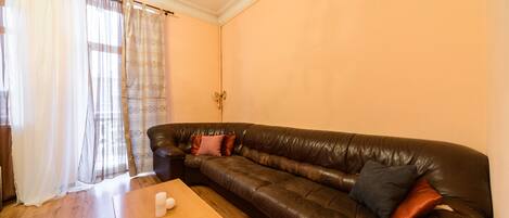 A living room with a brown leather sofa, a wooden coffee table, and a door with a golden handle.