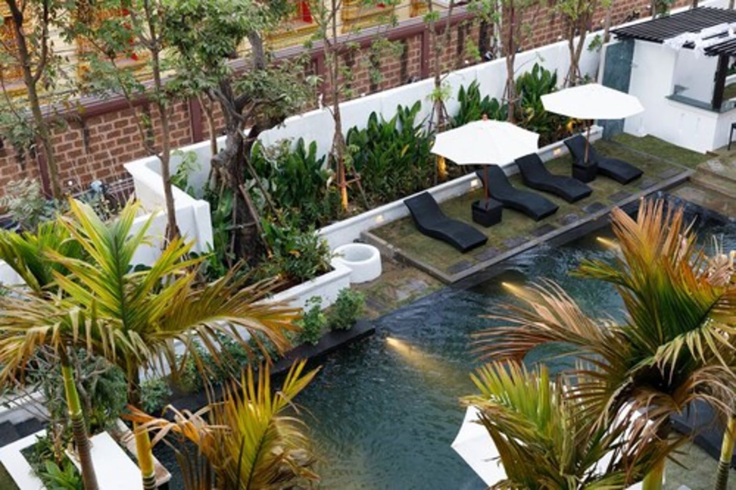 室外游泳池，10:00 至 20:00 开放，池畔遮阳伞，日光浴躺椅