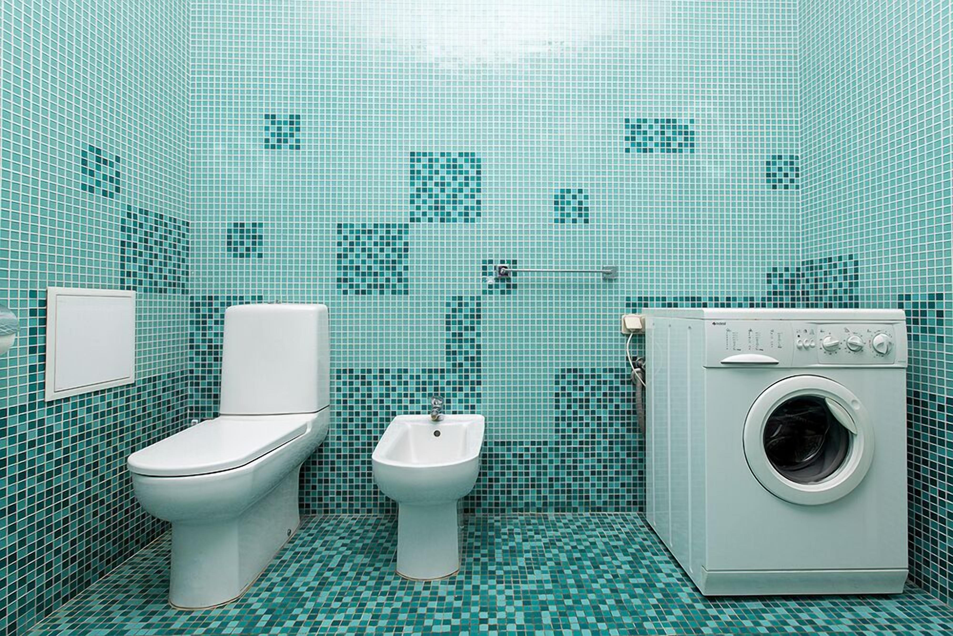 A bathroom with a toilet, bidet, and washing machine.