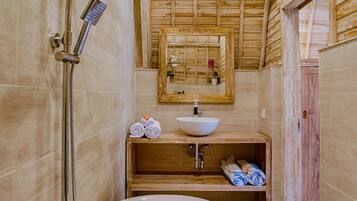 Hair dryer, towels, soap, shampoo