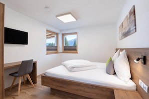 Een slaapkamer met een bed, een bureau, twee ramen, een tv aan de muur en een schilderij.