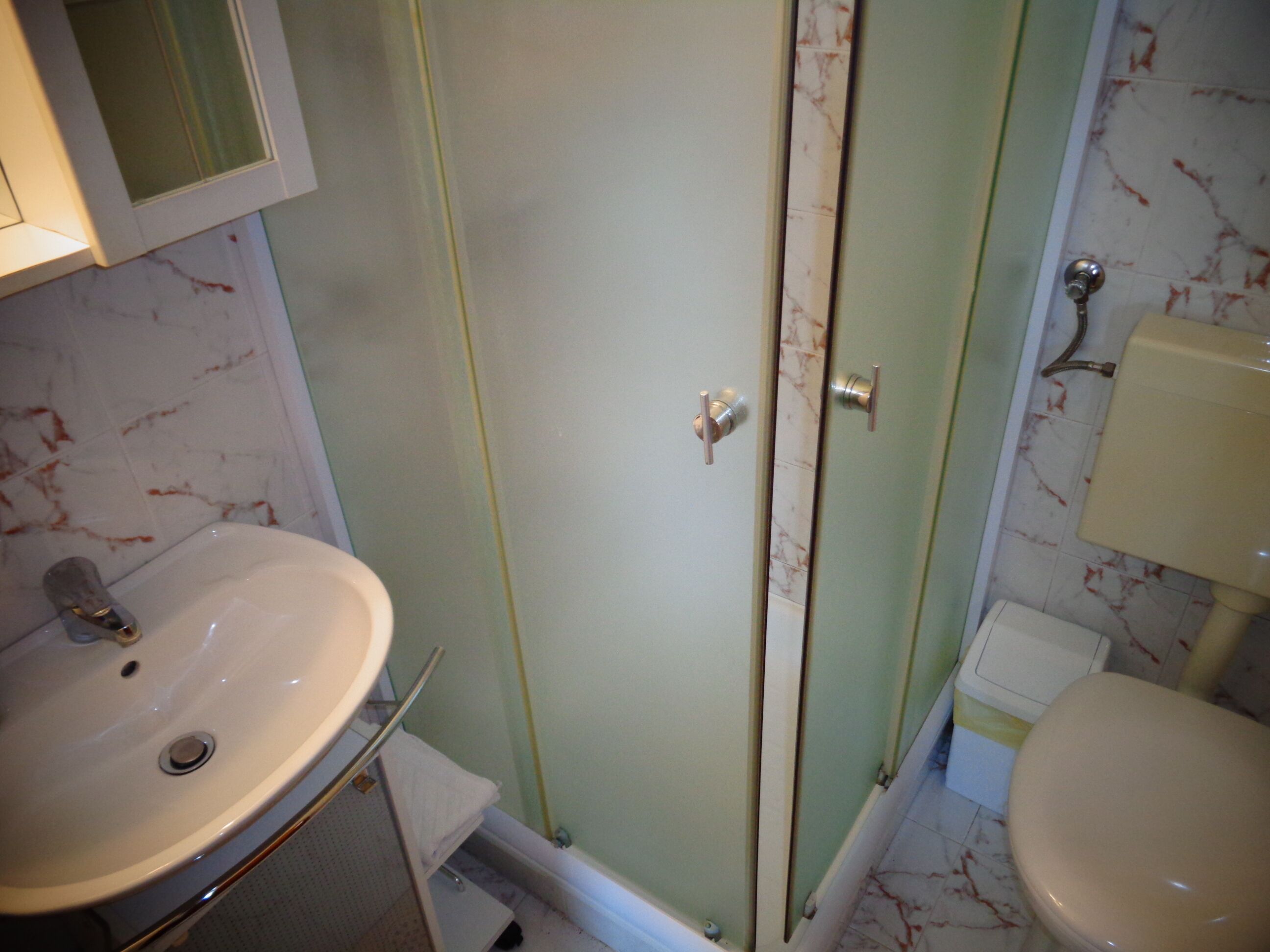 A bathroom with a sink, toilet, and a shower area.