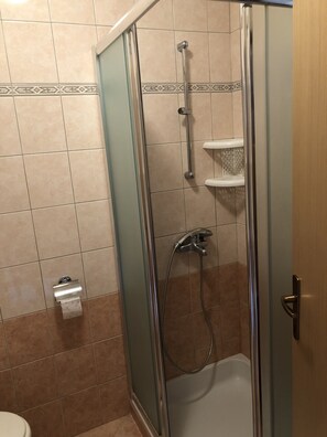 Une cabine de douche dotée d’une porte en verre, d’un pommeau de douche à main et d’un robinet à main.