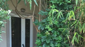 A garden area with a stone pathway leading to a door, surrounded by lush greenery and potted plants. - Comfortable Nena Apartment with Nice View (Medulin)