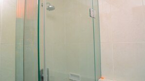 Ducha con mampara de vidrio, cabezal de ducha manual y panel de control.