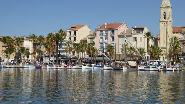 A waterfront with boats docked, palm trees, and buildings with balconies. - Les Pucines (Six-Fours-les-Plages)