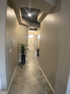 Stylish hallway with a potted plant and unique geometric ceiling design.