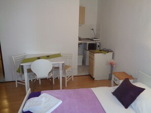 A small, compact room with a bed, a desk, and a kitchenette. - Cozy Studio Apartment Gordana (Rovinj)