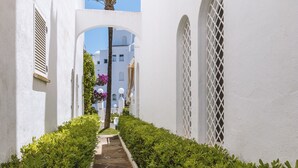 Un étroit sentier bordé de murs blancs et de haies verdoyantes, qui mène à un bâtiment doté d’arcades et orné d’un palmier.