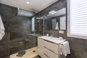 Shower, hair dryer, bidet, towels