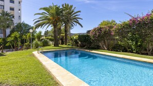 Une piscine à l’eau d’un bleu cristallin, entourée de pelouse verdoyante et de palmiers.