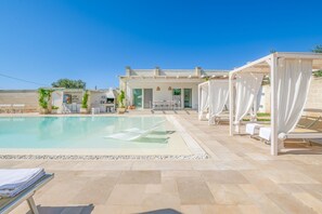 A heated pool, pool loungers