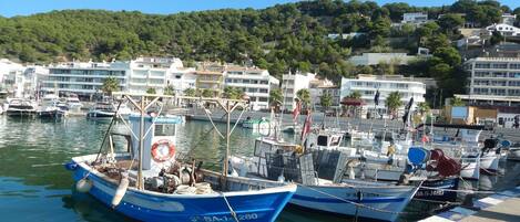 A marina with boats docked, surrounded by buildings and a hillside in the background.