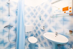 A bathroom with a shower, toilet, and sink, featuring blue patterned tiles. - Family house with 2 apartments - Irma (Medulin)