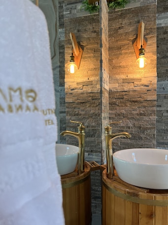 Separate tub and shower, free toiletries, hair dryer, bathrobes