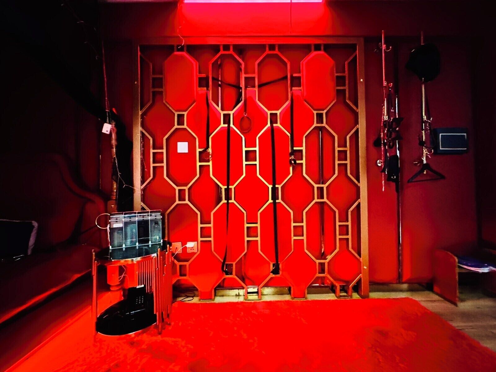 A room with a red carpet, a red wall with geometric patterns, and a black speaker on a stand.