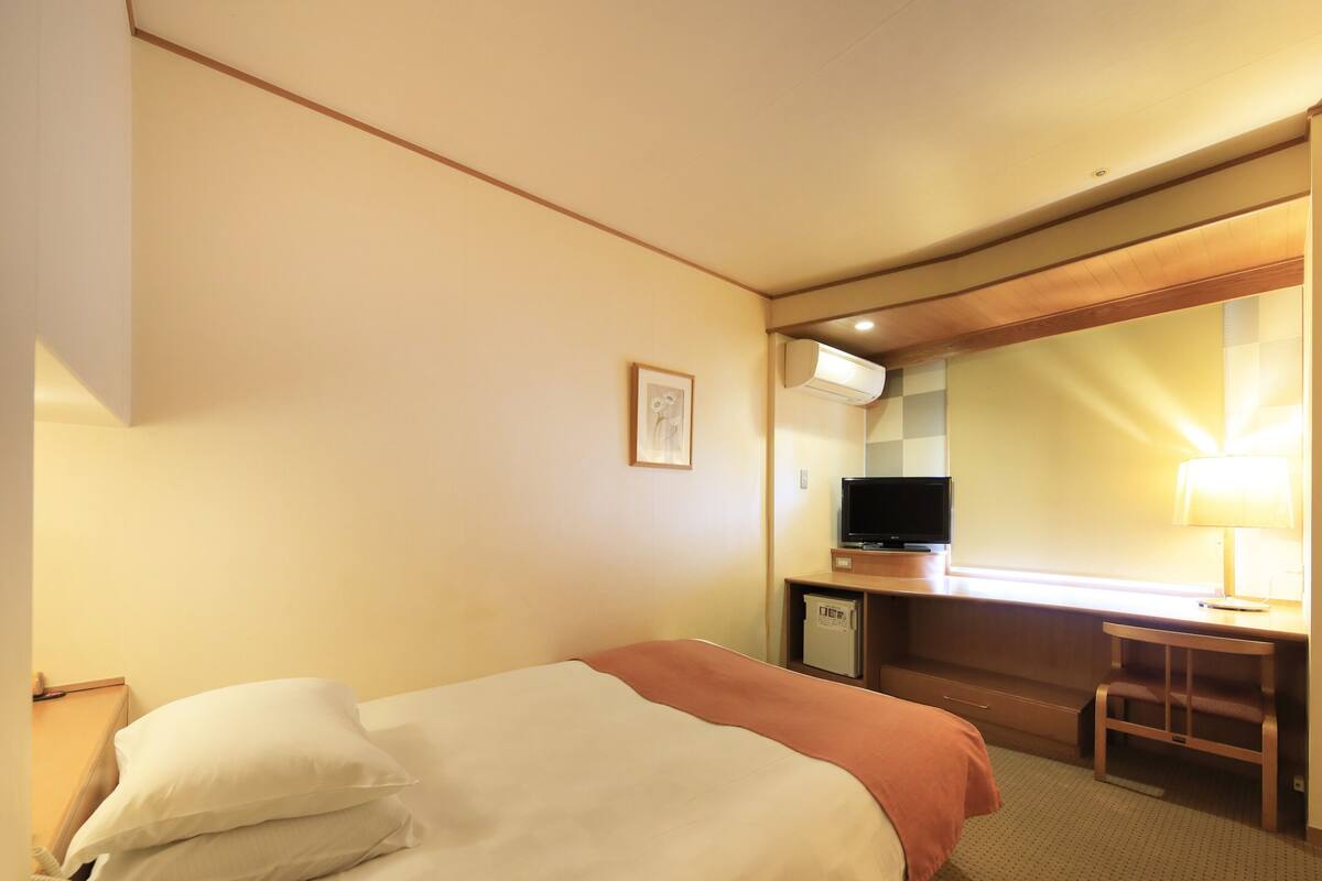 A hotel room with a bed, a desk, a television, and an air conditioning unit.