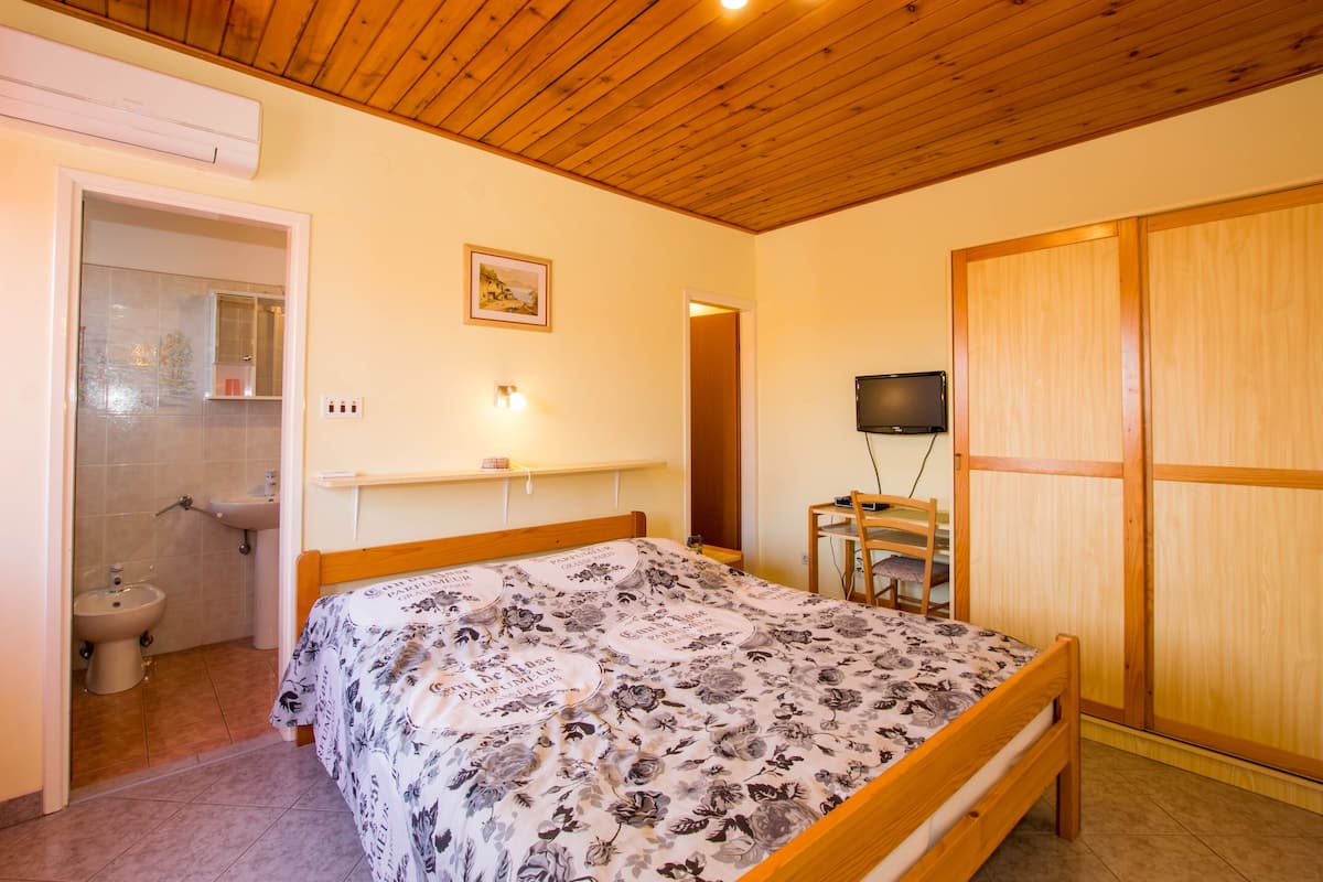 A bedroom with a wooden bed, a television, a wooden wardrobe, a bedside table, and a bathroom with a sink and bidet.