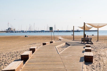 On the beach, white sand, sun loungers, beach umbrellas