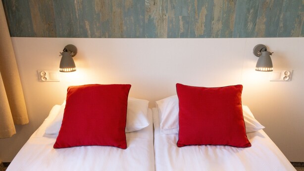 A double bed with white bedding and two red pillows, two wall-mounted lamps, and a blue wooden panel above the bed.