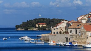 Un borgo costiero con edifici in pietra, un porto con barche e una collina alberata sullo sfondo.