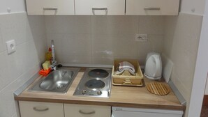 Une cuisine compacte équipée d’un évier, de deux plaques de cuisson, d’une bouilloire et d’un égouttoir à vaisselle.