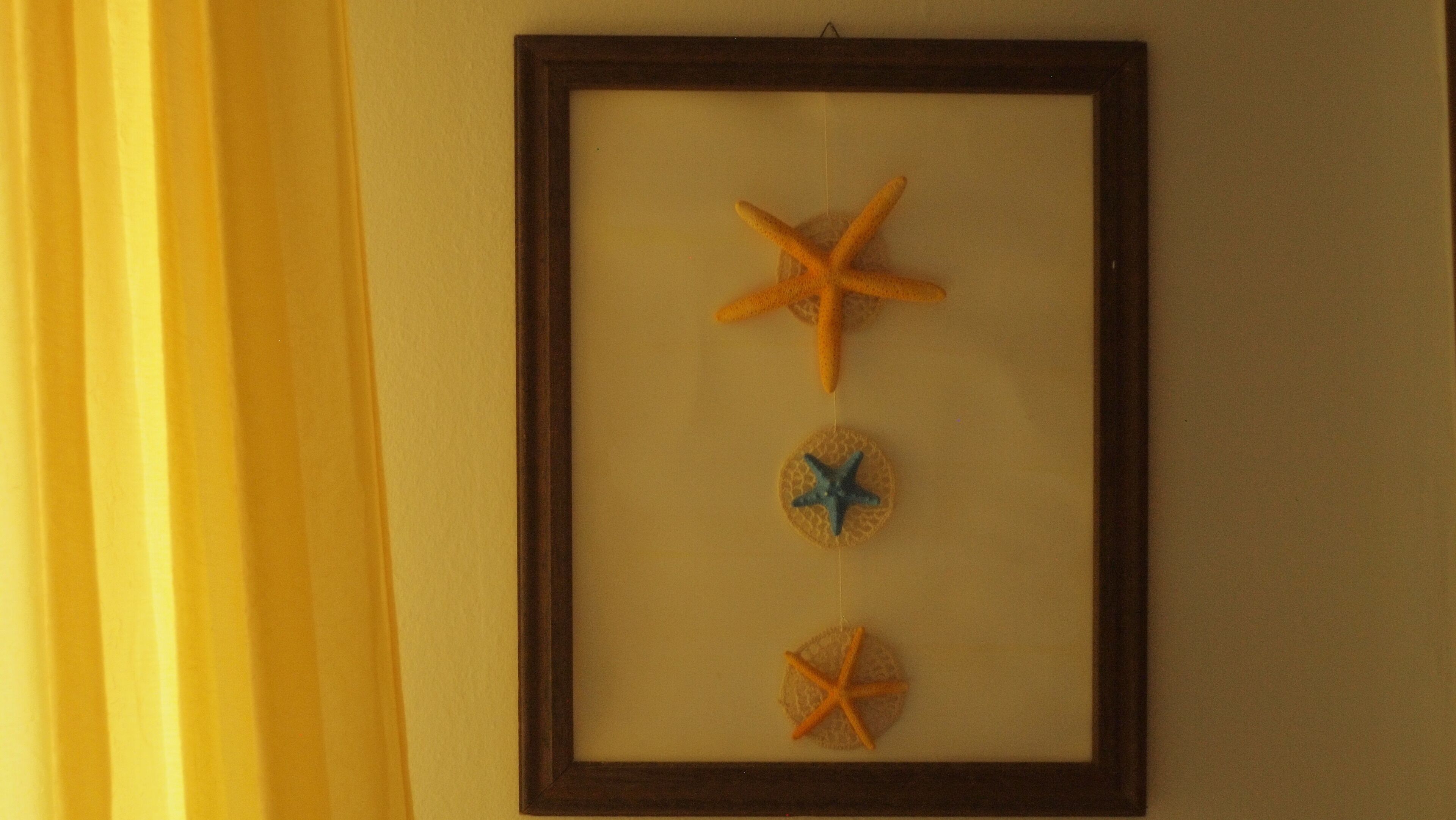A framed wall decoration with three starfish of different sizes.