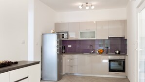 A modern kitchen with a refrigerator, microwave, oven, and a sink. - Holiday Home Hana (Medulin)