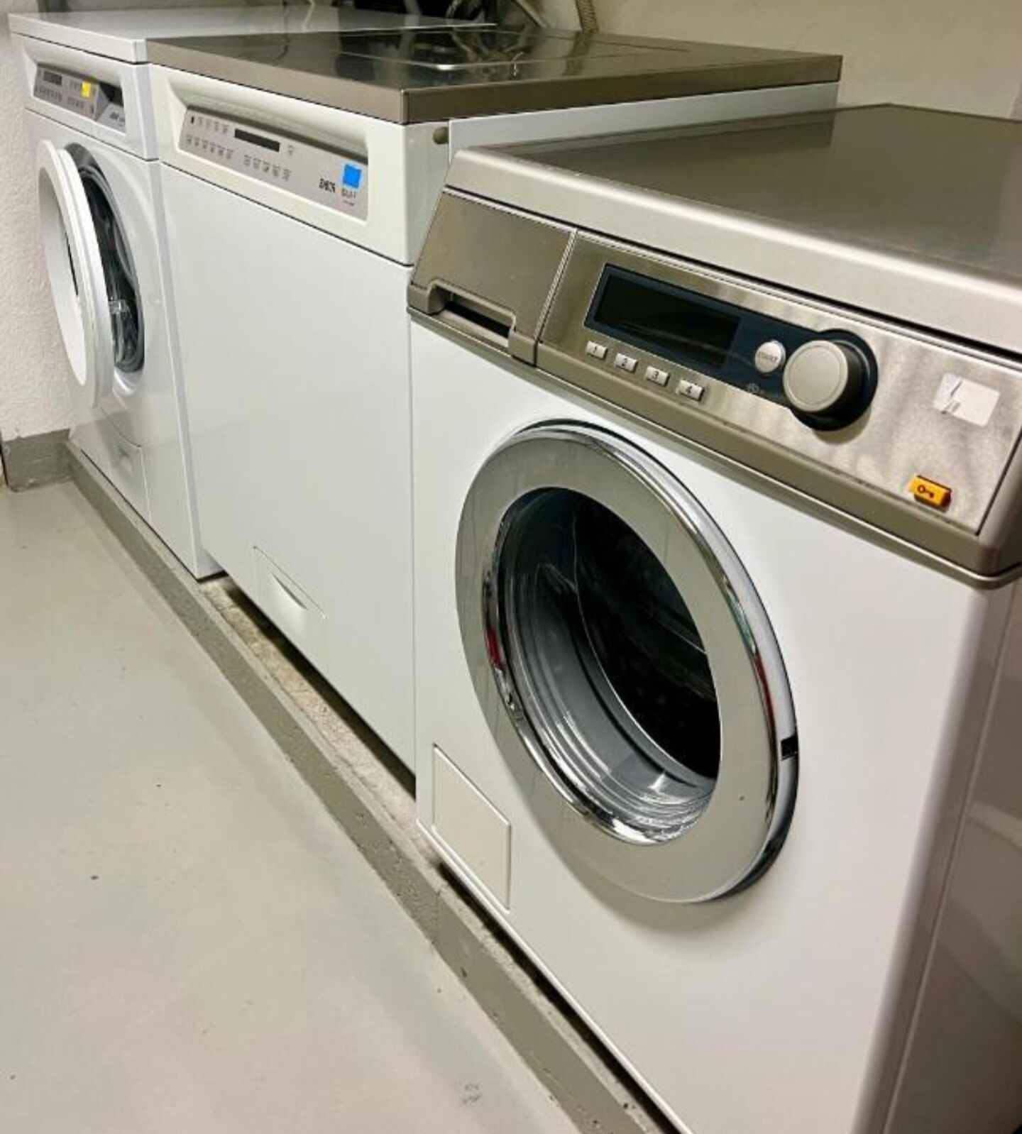 A row of front-loading washing machines in a commercial setting.